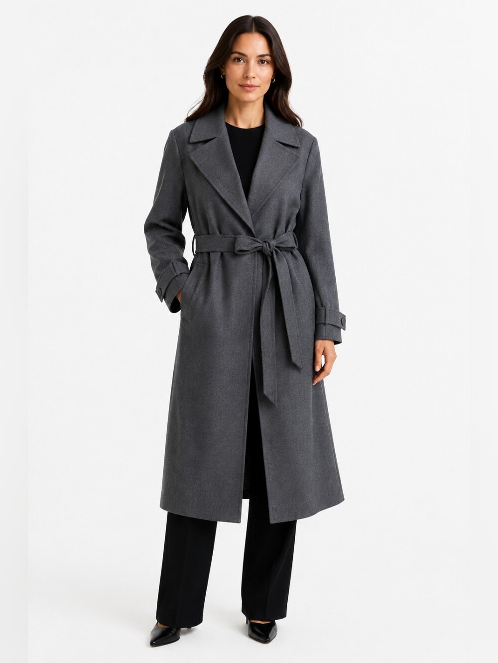 Theory Classic Soft Wool Wide Lapel Belted Trench Coat Charcoal Gray Luxury chic